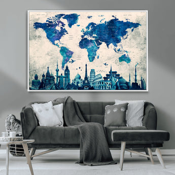 MGV-FC-36X24 - Blue World Map Wall Art Canvas Print, Framed Iconic Landmarks Art Picture Print, Blue Globe Map Perfect Elegant Explorer Decor Artwork