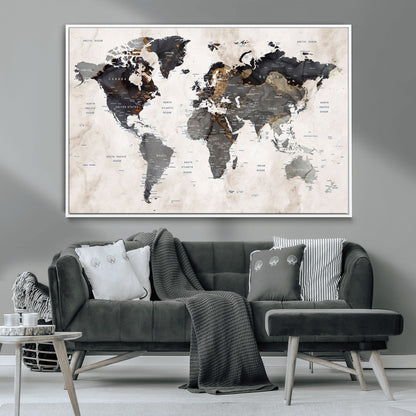 MGV-FC-36X24 - World Map Wall Art Canvas Print, Framed Rustic Map Art Picture Print, Antique Map Perfect Rustic Explorer Decor Artwork