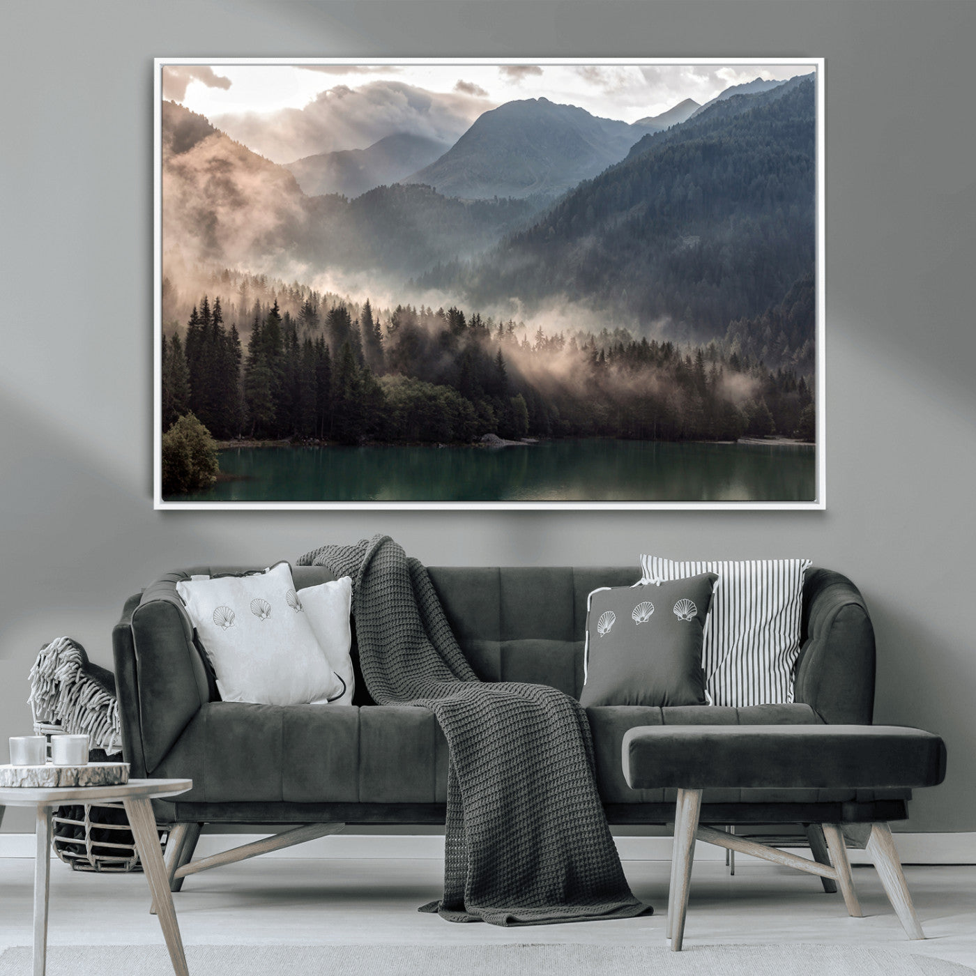 64758-MGV-CV-36X24-Misty Mountains Wall Art Canvas Print, Framed Moody Pines Art Picture Print, Forest Lake Perfect Moody Alpine Decor Artwork