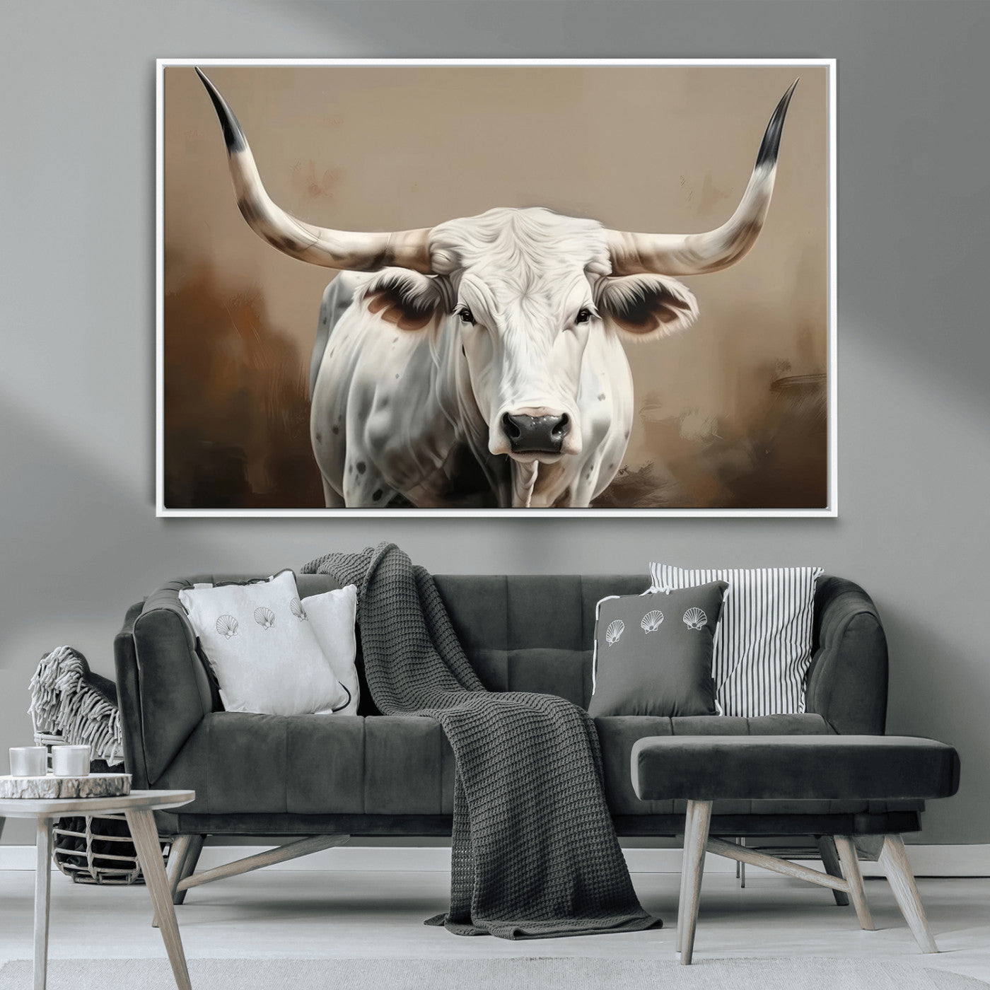63550-MGV-CV-36X24-Texas Longhorn Wall Art Canvas Print, Framed White Bull Art Picture Print, Horned Cattle Perfect Rustic Western Decor Artwork