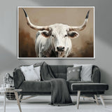 63550-MGV-CV-36X24-Texas Longhorn Wall Art Canvas Print, Framed White Bull Art Picture Print, Horned Cattle Perfect Rustic Western Decor Artwork