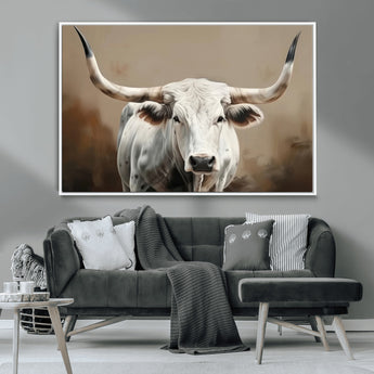 63550-MGV-CV-36X24-Texas Longhorn Wall Art Canvas Print, Framed White Bull Art Picture Print, Horned Cattle Perfect Rustic Western Decor Artwork