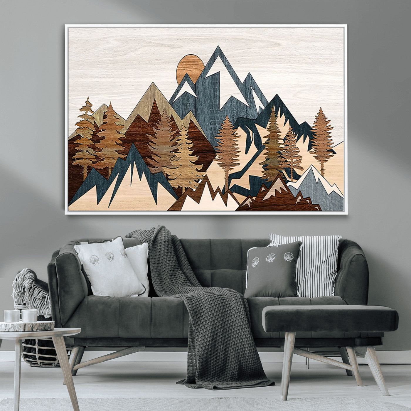 80300-MGV-CV-36X24-Geometric Mountains Wall Art Canvas Print, Framed Stylized Trees Art Picture Print, Graphic Forest Perfect Rustic Abstract Decor
