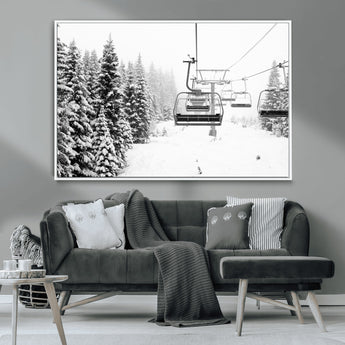 49274-MGV-CV-36X24-Snowy Forest Wall Art Canvas Print, Framed Ski Lift Art Picture Print, Mountain Snow Perfect Minimal Winter Lodge Decor Artwork