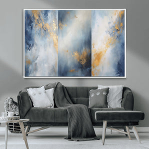 41836-MGV-CV-36X24-Abstract Gold Wall Art Canvas Print, Framed Blue Layers Art Picture Print, Elegant Cloud Perfect Elegant Minimalist Decor Artwork