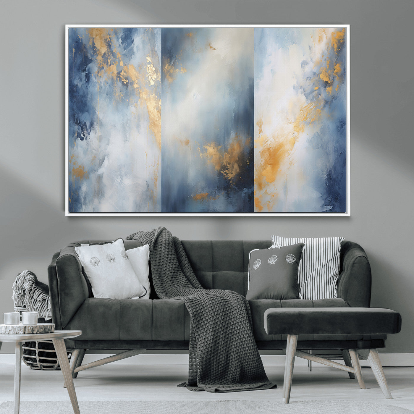41836-MGV-CV-36X24-Abstract Gold Wall Art Canvas Print, Framed Blue Layers Art Picture Print, Elegant Cloud Perfect Elegant Minimalist Decor Artwork