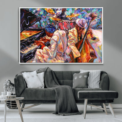 13675-MGV-CV-36X24-Jazz Band Wall Art Canvas Print, Framed Jazz Oil Painting Art Picture Print, Vibrant Music Perfect Abstract Musical Decor Artwork