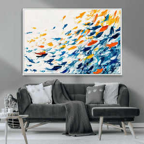 84837-MGV-CV-36X24-Colorful Fish Wall Art Canvas Print, Framed Fish Swarm Art Picture Print, Brushstroke Fish Perfect Modern Coastal Decor Artwork