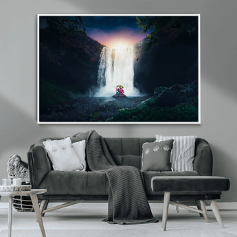 56359-MGV-CV-36X24-Lilo Stitch Wall Art Canvas Print, Framed Stitch Angel Art Picture Print, Cartoon Waterfall Perfect Tropical Fantasy Decor Artwork