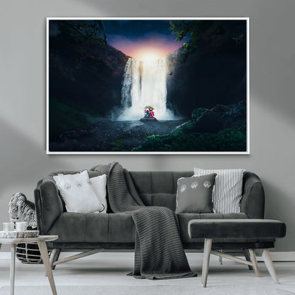 56359-MGV-CV-36X24-Lilo Stitch Wall Art Canvas Print, Framed Stitch Angel Art Picture Print, Cartoon Waterfall Perfect Tropical Fantasy Decor Artwork