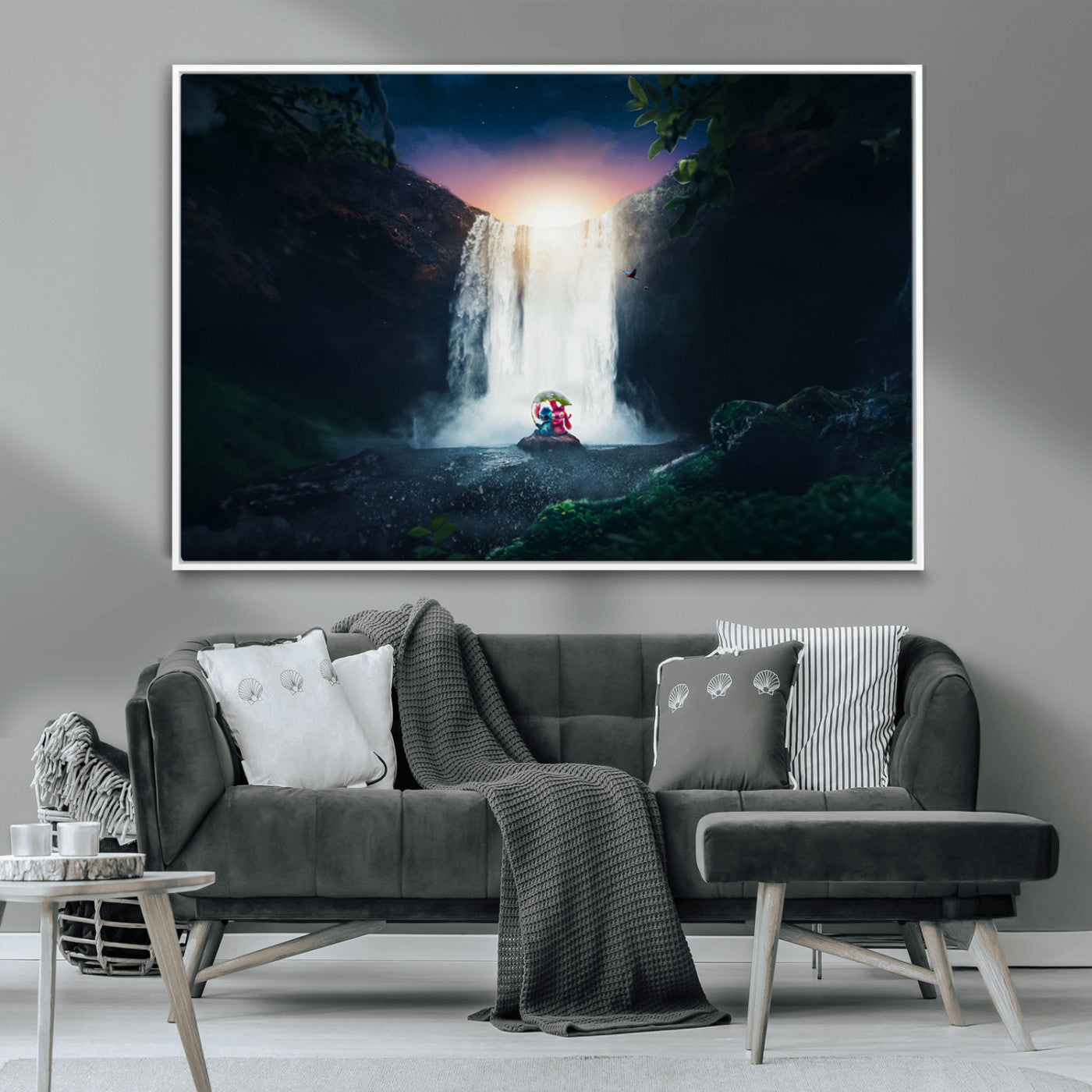 56359-MGV-CV-36X24-Lilo Stitch Wall Art Canvas Print, Framed Stitch Angel Art Picture Print, Cartoon Waterfall Perfect Tropical Fantasy Decor Artwork