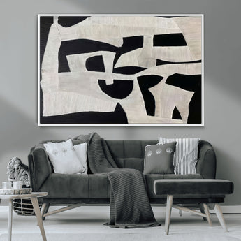 33714-MGV-CV-36X24-Monochrome Design Wall Art Canvas Print, Framed Modern Linework Art Picture Print, Textured Shapes Perfect Monochrome Modern Decor