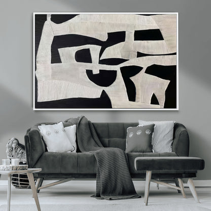 33714-MGV-CV-36X24-Monochrome Design Wall Art Canvas Print, Framed Modern Linework Art Picture Print, Textured Shapes Perfect Monochrome Modern Decor