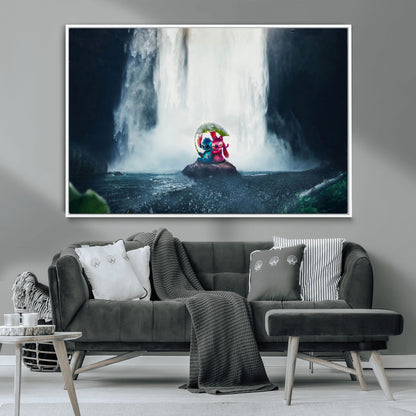 32259-MGV-CV-36X24-Stitch Angel Wall Art Canvas Print, Framed Stitch Waterfall Art Picture Print, Cartoon Couple Perfect Moody Fantasy Decor Artwork