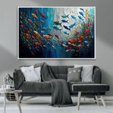 89626-MGV-CV-36X24-Fish Swarm Wall Art Canvas Print, Framed Abstract Ocean Art Picture Print, Underwater Life Perfect Vibrant Coastal Decor Artwork
