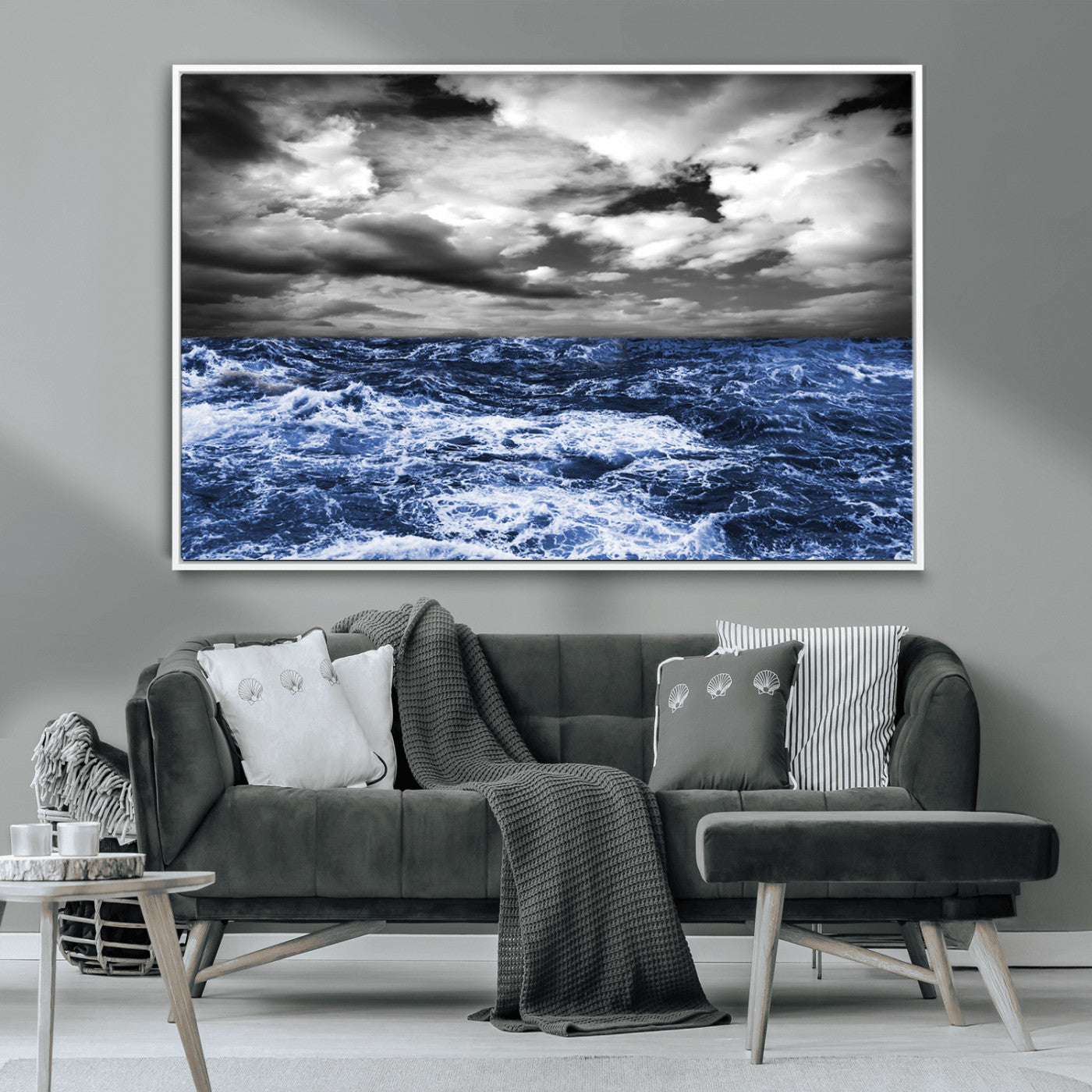91043-MGV-CV-36X24-Stormy Ocean Wall Art Canvas Print, Framed Moody Seascape Art Picture Print, Monochrome Sea Perfect Coastal Drama Decor Artwork