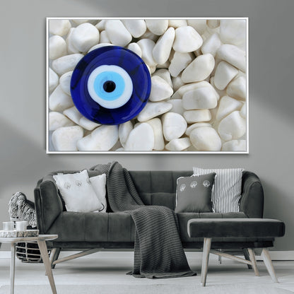 48883-MGV-CV-36X24-Evil Eye Wall Art – Deep Blue Symbol of Presence and Calm on White Stones, Subtle Spiritual Decor for Entryway, Studio, Office or