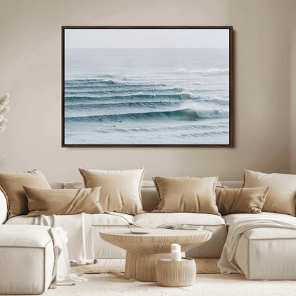 73969318-MGV-FC-36X24_Walnut-Ocean Waves Wall Art Canvas Print, Framed Surfer Lineup Art Picture Print, Crowded Ocean Perfect Minimal Coastal Decor Artwork