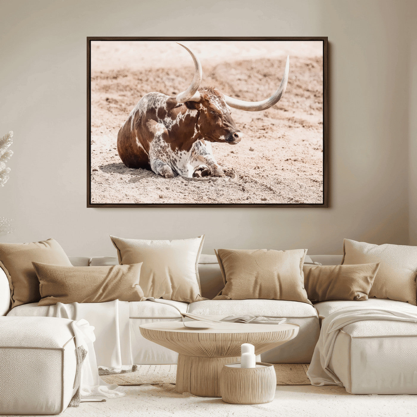 25407592-MGV-FC-36X24_Walnut-Texas Longhorn Wall Art Canvas Print, Framed Resting Bull Art Picture Print, Spotted Cattle Perfect Rustic Western Decor Artwork