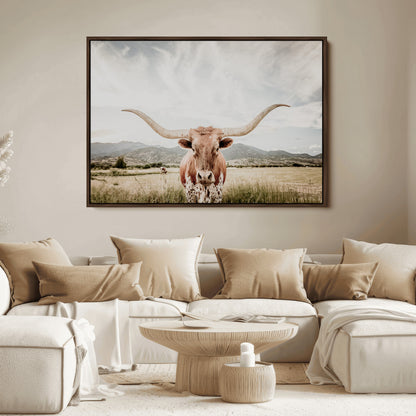 80054319-MGV-FC-36X24_Walnut-Texas Longhorn Wall Art Canvas Print, Framed Western Cow Art Picture Print, Rustic Farmhouse Perfect Farmhouse Decor Artwork