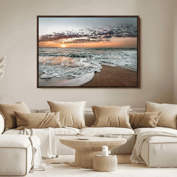40632752-MGV-FC-36X24_Walnut-Ocean Sunset Wall Art Canvas Print, Framed Beach Waves Art Picture Print, Coastal Scene Perfect Coastal Decor Artwork