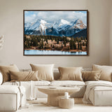 36247746-MGV-FC-36X24_Walnut-Snowy Peaks Wall Art Canvas Print, Framed Alpine Lake Art Picture Print, Pine Forest Perfect Alpine Wilderness Decor Artwork