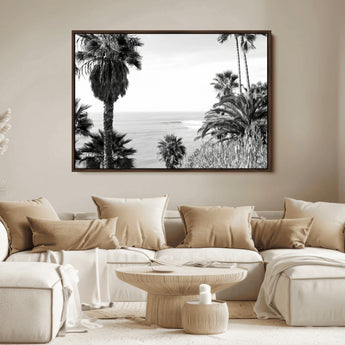 89458520-MGV-FC-36X24_Walnut-Palm Trees Wall Art Canvas Print, Framed Coastal View Art Picture Print, Ocean Horizon Perfect Monochrome Coast Decor Artwork