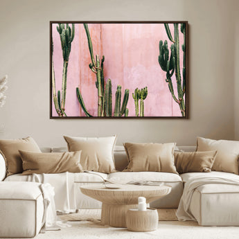 93119502-MGV-FC-36X24_Walnut-Tall Cactus Wall Art Canvas Print, Framed Pink Wall Art Picture Print, Cactus Lines Perfect Modern Desert Decor Artwork