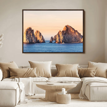 72996116-MGV-FC-36X24_Walnut-El Arco Wall Art Canvas Print, Framed Cabo Rocks Art Picture Print, Ocean Arch Perfect Golden Coastal Landmark Decor Artwork