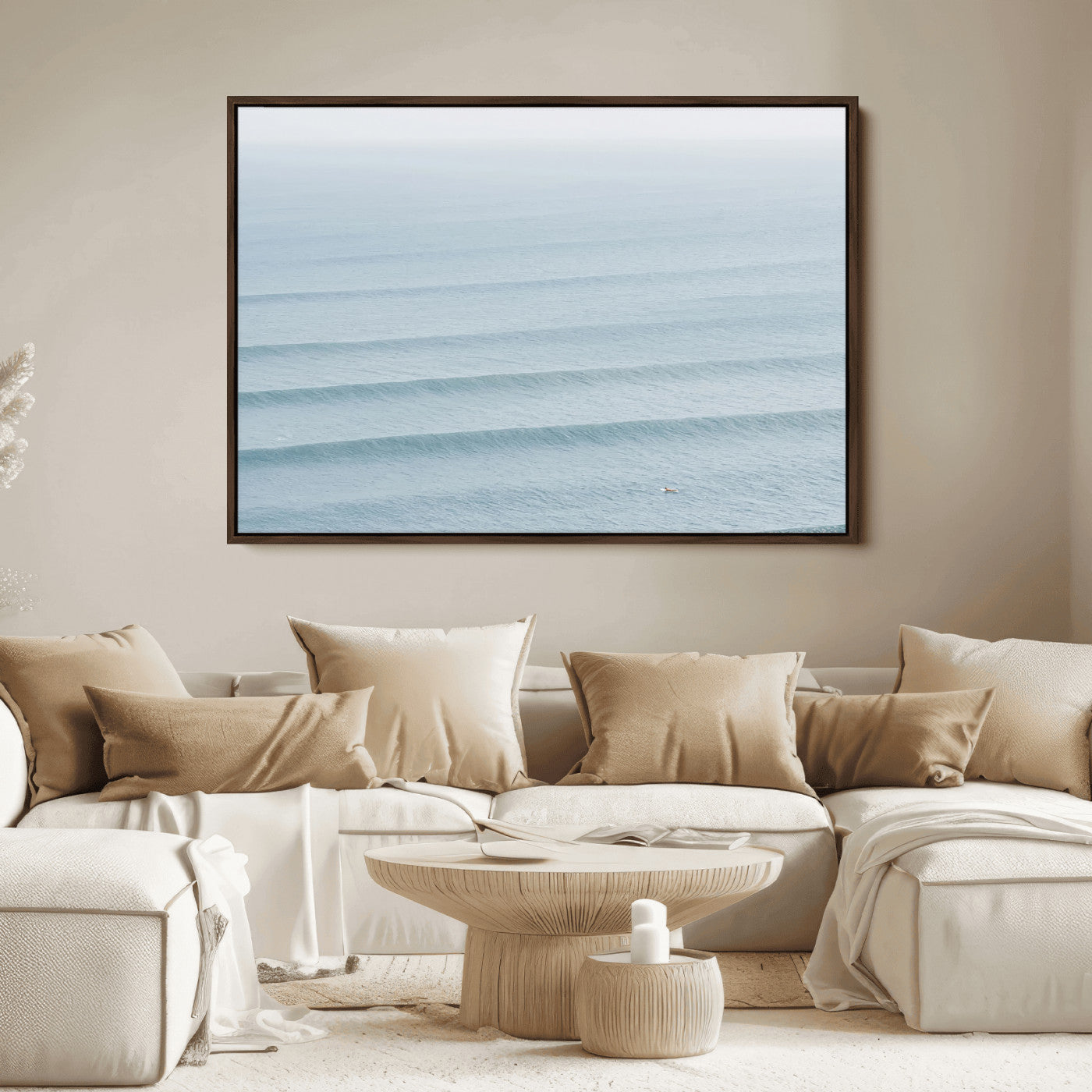 47814787-MGV-FC-36X24_Walnut-Ocean Waves Wall Art Canvas Print, Framed Solo Surfer Art Picture Print, Wave Lines Perfect Minimalist Ocean Decor Artwork