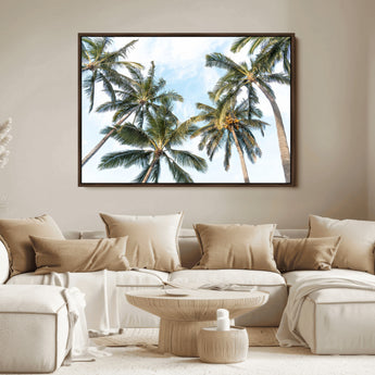 87247012-MGV-FC-36X24_Walnut-Skyward Palm Trees Wall Art Canvas Print, Framed Tropical Sky Art Picture Print, Coconut Palm Perfect Tropical Skyview Decor