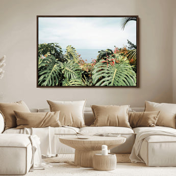 45700479-MGV-FC-36X24_Walnut-Monstera Leaves Wall Art Canvas Print, Framed Tropical Ocean Art Picture Print, Tropical Foliage Perfect Tropical Coastal Jungle