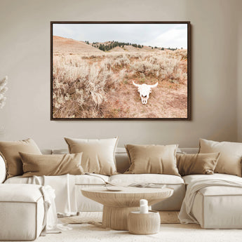 97234735-MGV-FC-36X24_Walnut-Rustic Bones Wall Art Canvas Print, Framed Desert Sage Art Picture Print, Prairie Skull Perfect Minimal Rustic Decor Artwork