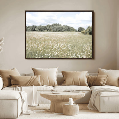 43258946-MGV-FC-36X24_Walnut-Daisy Field Wall Art Canvas Print, Framed Pastel Flower Art Picture Print, Meadow Bloom Perfect Scandinavian Minimalist Decor