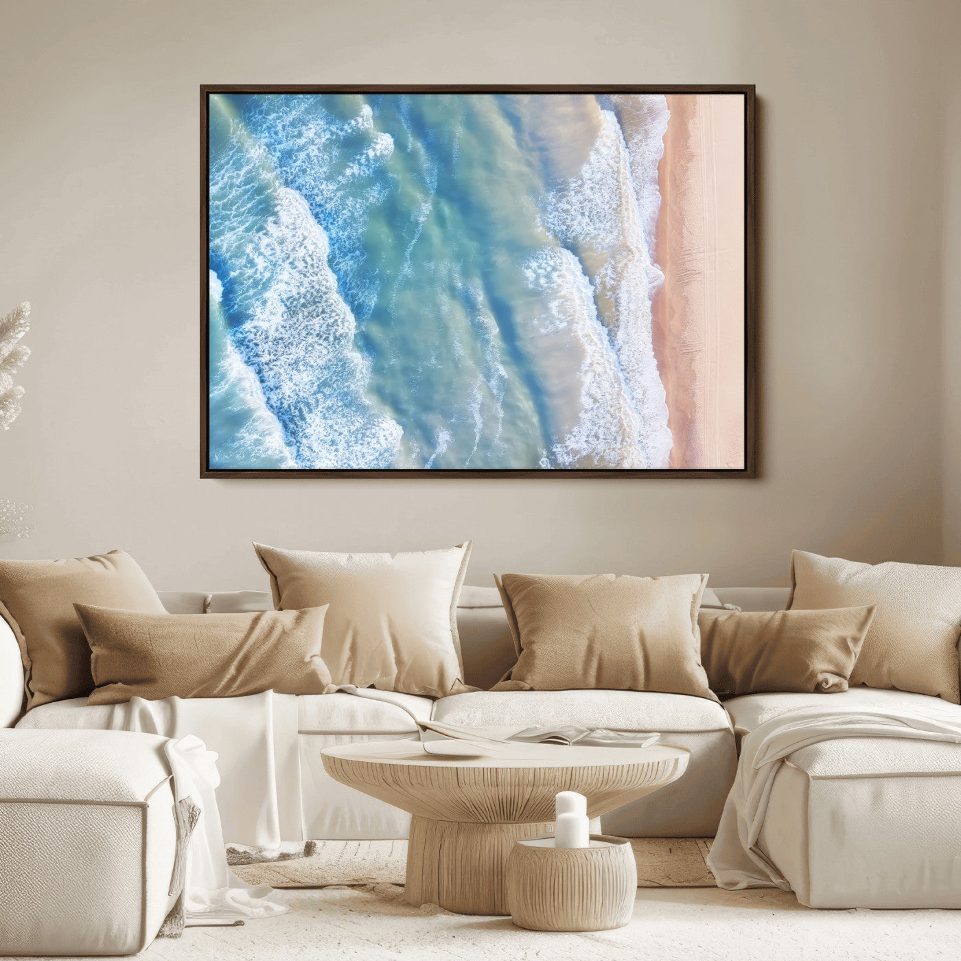17641845-MGV-FC-36X24_Walnut-Aerial Ocean Wall Art Canvas Print, Framed Blue Waves Art Picture Print, Sandy Shoreline Perfect Modern Coastal Decor Artwork