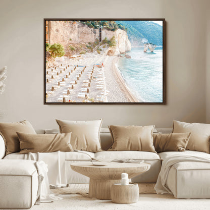 84816639-MGV-FC-36X24_Walnut-Mediterranean Beach Wall Art Canvas Print, Framed Airy Coastal Art Picture Print, Summer Shore Perfect Coastal Retreat Decor