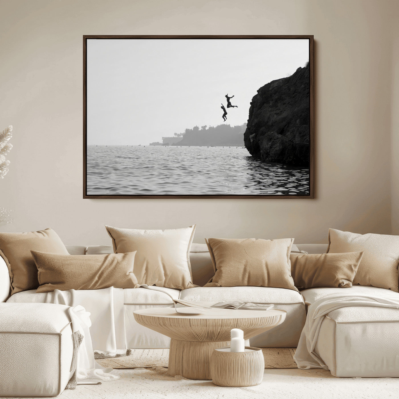 52284302-MGV-FC-36X24_Walnut-Cliff Jumping Wall Art Canvas Print, Framed Ocean Adventure Art Picture Print, Black White Coast Perfect Modern Coastal Decor