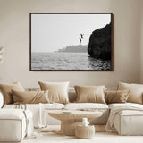 52284302-MGV-FC-36X24_Walnut-Cliff Jumping Wall Art Canvas Print, Framed Ocean Adventure Art Picture Print, Black White Coast Perfect Modern Coastal Decor