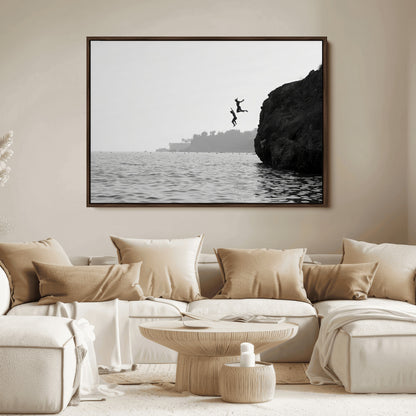 52284302-MGV-FC-36X24_Walnut-Cliff Jumping Wall Art Canvas Print, Framed Ocean Adventure Art Picture Print, Black White Coast Perfect Modern Coastal Decor
