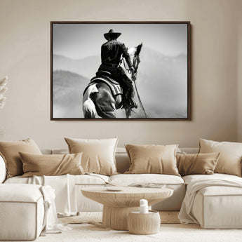 83102464-MGV-FC-36X24_Walnut-Western Cowboy Wall Art Canvas Print, Framed Monochrome Horse Art Picture Print, Western Equestrian Perfect Rustic Western Decor