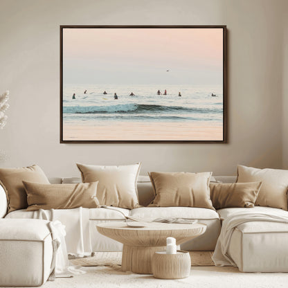 98888919-MGV-FC-36X24_Walnut-Pastel Ocean Wall Art Canvas Print, Framed Soft Sunset Swimming Art Picture Print, Calm Sea Horizon Perfect Soft Coastal