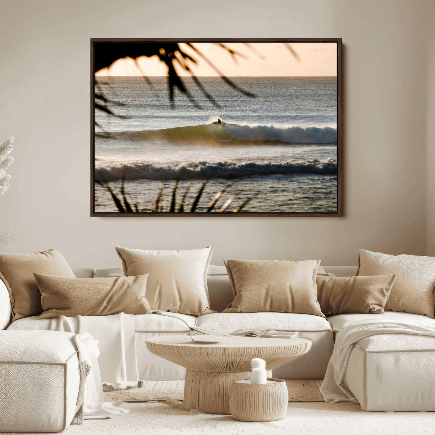 24896468-MGV-FC-36X24_Walnut-Sunset Surf Wall Art Canvas Print, Framed Golden Waves Art Picture Print, Tropical Ocean Perfect Tropical Boho Decor Artwork