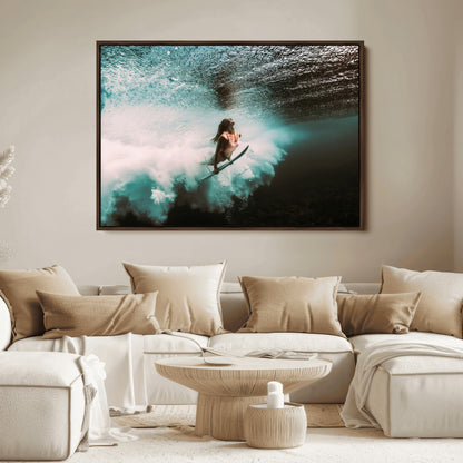 85923512-MGV-FC-36X24_Walnut-Aquatic Motion Wall Art Canvas Print, Framed Underwater Swimming Art Picture Print, Female Surfer Diving Perfect Coastal Boho