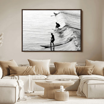 19875284-MGV-FC-36X24_Walnut-Surfer Waves Wall Art Canvas Print, Framed Black White Surf Art Picture Print, Monochrome Ocean Perfect Modern Coastal Decor