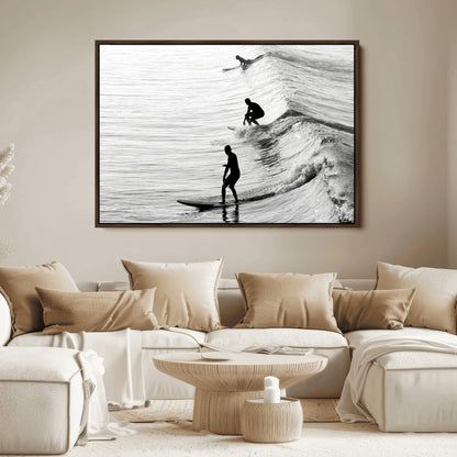 19875284-MGV-FC-36X24_Walnut-Surfer Waves Wall Art Canvas Print, Framed Black White Surf Art Picture Print, Monochrome Ocean Perfect Modern Coastal Decor