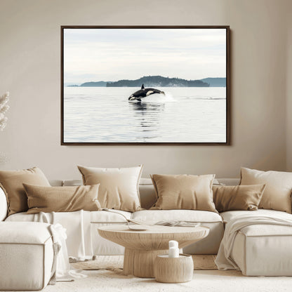 10157174-MGV-FC-36X24_Walnut-Orca Whale Wall Art Canvas Print, Framed Black White Whale Art Picture Print, Minimalist Ocean Perfect Coastal Minimalist Decor