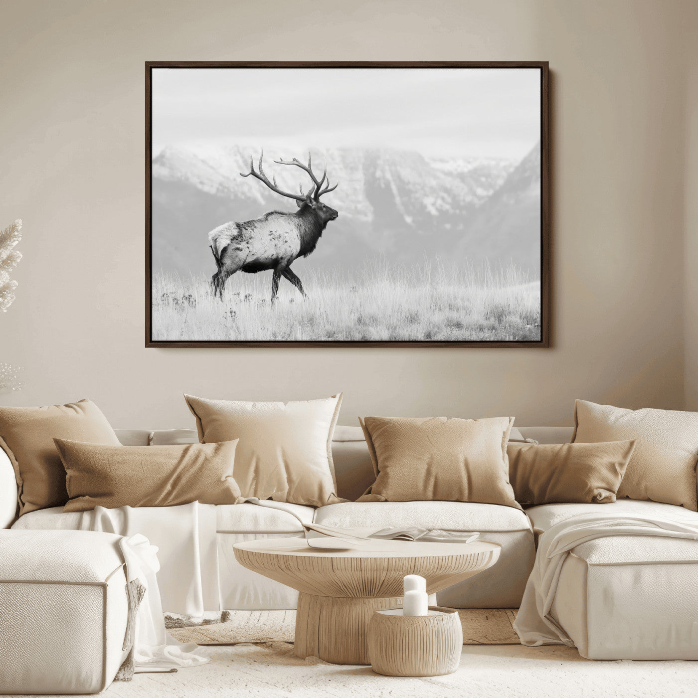 62278753-MGV-FC-36X24_Walnut-Monochrome Elk Wall Art Canvas Print, Framed Mountain Wildlife Art Picture Print, Rustic Nature Perfect Rustic Minimalist Decor