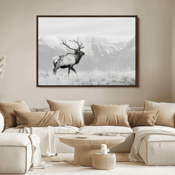 62278753-MGV-FC-36X24_Walnut-Monochrome Elk Wall Art Canvas Print, Framed Mountain Wildlife Art Picture Print, Rustic Nature Perfect Rustic Minimalist Decor