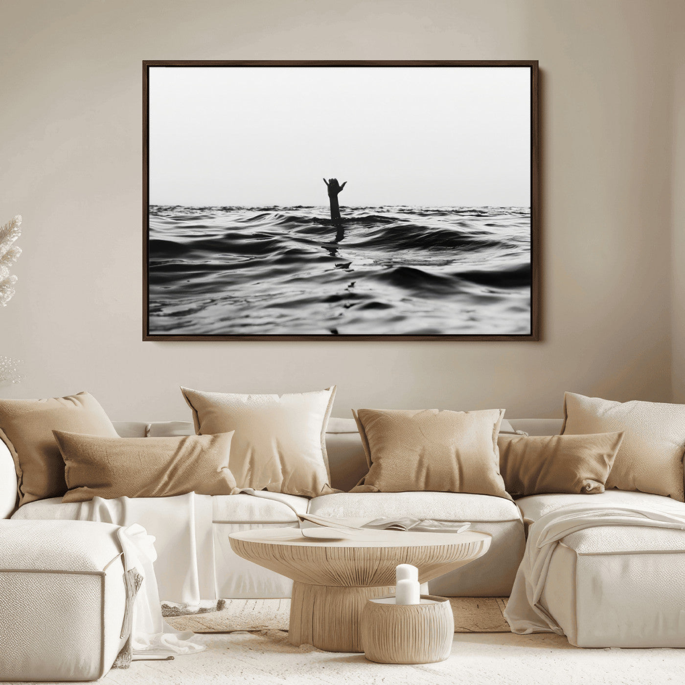 69541918-MGV-FC-36X24_Walnut-Black White Ocean Wall Art Canvas Print, Framed Moody Seascape Art Picture Print, Surfer Sign Perfect Moody Minimalist Decor