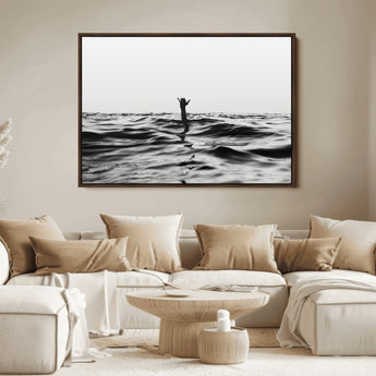 69541918-MGV-FC-36X24_Walnut-Black White Ocean Wall Art Canvas Print, Framed Moody Seascape Art Picture Print, Surfer Sign Perfect Moody Minimalist Decor